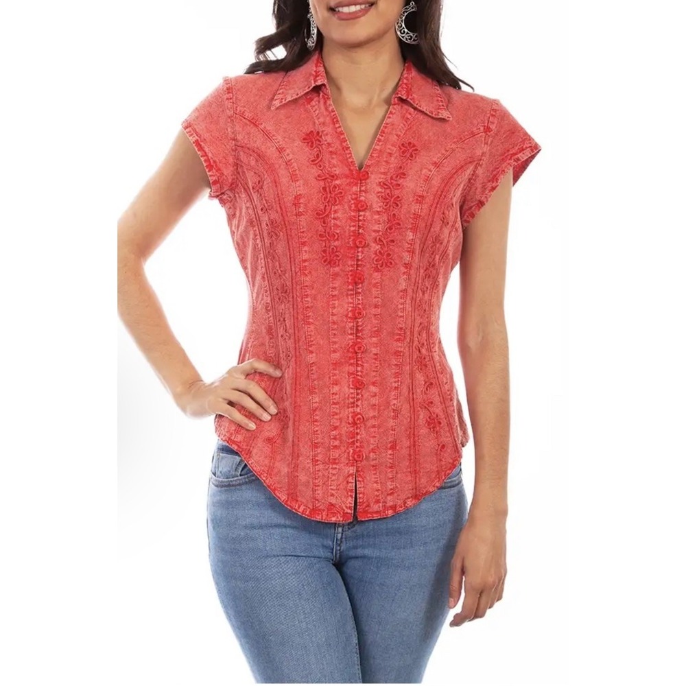 New Scully Cantina Top Women's Medium Red Cap Sleeve Peruvian Cotton Western